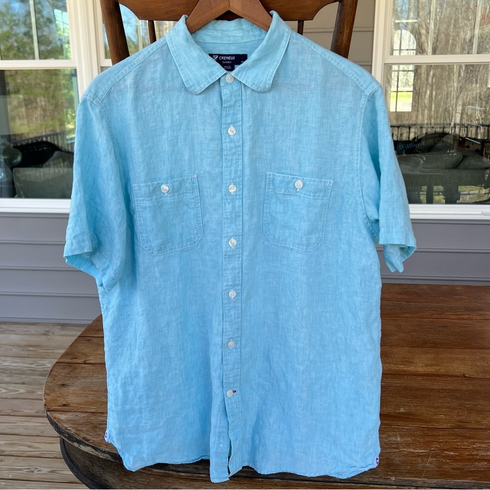 Cremieux 100% Linen Classics Shirt Men’s Short Sleeve Button Up Light Blue Large - Picture 1 of 13